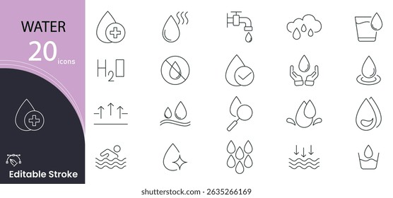 Water related icon collections. Containing drop, bottle, drink, faucet, wave, clean, supply, hydration, leak, and conservation icons. Editable Stroke. Outline icons.