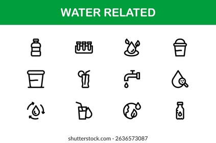 Water Related Icon Set in Clean Vector Style Featuring Drops, Waves, Rain, and Hydration Symbols