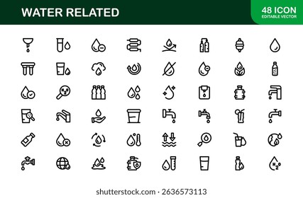 Water Related Icon Set in Clean Vector Style Featuring Drops, Waves, Rain, and Hydration Symbols