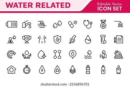 Water Related Icon Set. A refreshing collection of icons showcasing water conservation, aquatic life, and hydration, perfect for water awareness and sustainability.