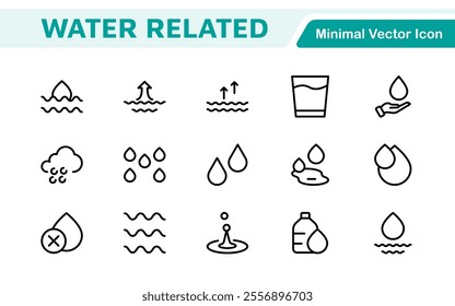 Water Related Icon Set. A refreshing collection of icons showcasing water conservation, aquatic life, and hydration, perfect for water awareness and sustainability.