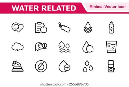 Water Related Icon Set. A refreshing collection of icons showcasing water conservation, aquatic life, and hydration, perfect for water awareness and sustainability.