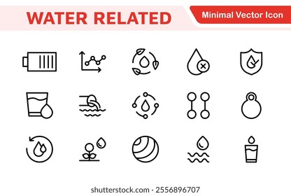 Water Related Icon Set. A refreshing collection of icons showcasing water conservation, aquatic life, and hydration, perfect for water awareness and sustainability.