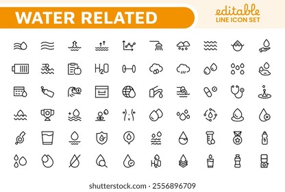 Water Related Icon Set. A refreshing collection of icons showcasing water conservation, aquatic life, and hydration, perfect for water awareness and sustainability.