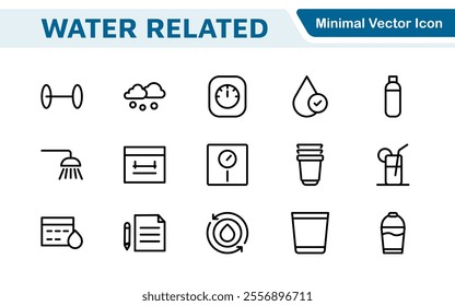 Water Related Icon Set. A refreshing collection of icons showcasing water conservation, aquatic life, and hydration, perfect for water awareness and sustainability.