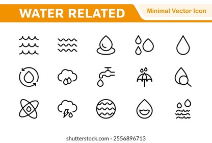 Water Related Icon Set. A refreshing collection of icons showcasing water conservation, aquatic life, and hydration, perfect for water awareness and sustainability.