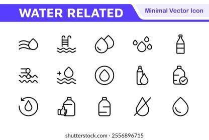 Water Related Icon Set. A refreshing collection of icons showcasing water conservation, aquatic life, and hydration, perfect for water awareness and sustainability.