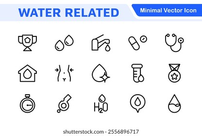 Water Related Icon Set. A refreshing collection of icons showcasing water conservation, aquatic life, and hydration, perfect for water awareness and sustainability.