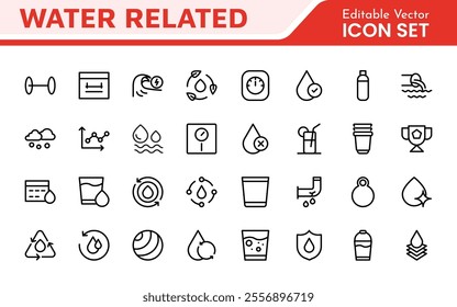 Water Related Icon Set. A refreshing collection of icons showcasing water conservation, aquatic life, and hydration, perfect for water awareness and sustainability.