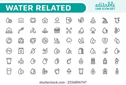 Water Related Icon Set. A refreshing collection of icons showcasing water conservation, aquatic life, and hydration, perfect for water awareness and sustainability.