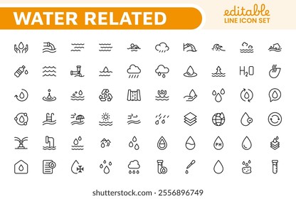 Water Related Icon Set. A refreshing collection of icons showcasing water conservation, aquatic life, and hydration, perfect for water awareness and sustainability.