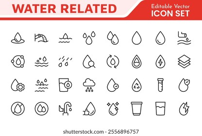 Water Related Icon Set. A refreshing collection of icons showcasing water conservation, aquatic life, and hydration, perfect for water awareness and sustainability.