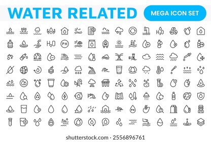 Water Related Icon Set. A refreshing collection of icons showcasing water conservation, aquatic life, and hydration, perfect for water awareness and sustainability.