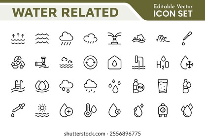 Water Related Icon Set. A refreshing collection of icons showcasing water conservation, aquatic life, and hydration, perfect for water awareness and sustainability.