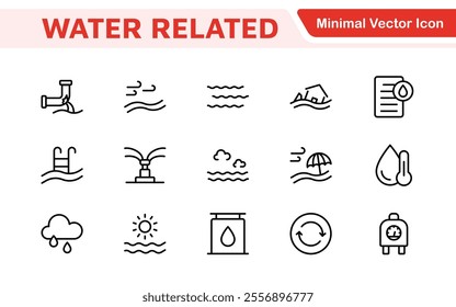 Water Related Icon Set. A refreshing collection of icons showcasing water conservation, aquatic life, and hydration, perfect for water awareness and sustainability.