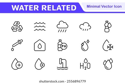 Water Related Icon Set. A refreshing collection of icons showcasing water conservation, aquatic life, and hydration, perfect for water awareness and sustainability.