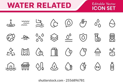 Water Related Icon Set. A refreshing collection of icons showcasing water conservation, aquatic life, and hydration, perfect for water awareness and sustainability.