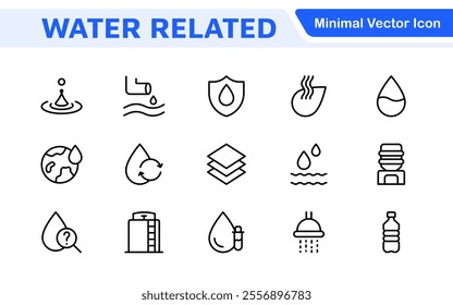 Water Related Icon Set. A refreshing collection of icons showcasing water conservation, aquatic life, and hydration, perfect for water awareness and sustainability.