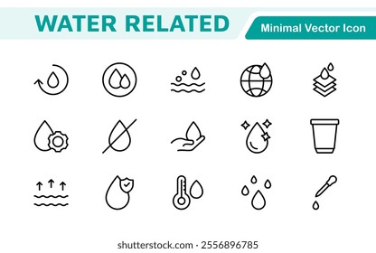 Water Related Icon Set. A refreshing collection of icons showcasing water conservation, aquatic life, and hydration, perfect for water awareness and sustainability.