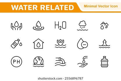 Water Related Icon Set. A refreshing collection of icons showcasing water conservation, aquatic life, and hydration, perfect for water awareness and sustainability.