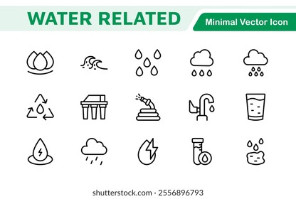 Water Related Icon Set. A refreshing collection of icons showcasing water conservation, aquatic life, and hydration, perfect for water awareness and sustainability.