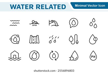 Water Related Icon Set. A refreshing collection of icons showcasing water conservation, aquatic life, and hydration, perfect for water awareness and sustainability.