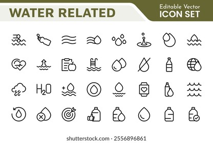 Water Related Icon Set. A refreshing collection of icons showcasing water conservation, aquatic life, and hydration, perfect for water awareness and sustainability.