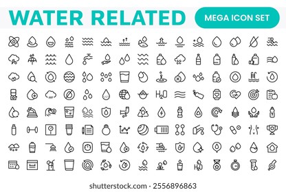 Water Related Icon Set. A refreshing collection of icons showcasing water conservation, aquatic life, and hydration, perfect for water awareness and sustainability.