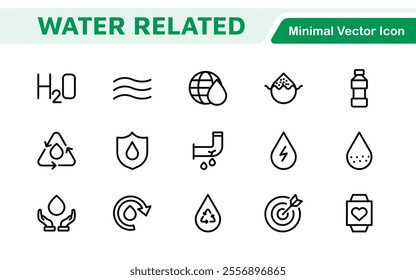 Water Related Icon Set. A refreshing collection of icons showcasing water conservation, aquatic life, and hydration, perfect for water awareness and sustainability.