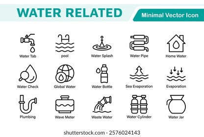 Water Related Icon Set. A refreshing collection of icons showcasing water conservation, aquatic life, and hydration, perfect for water awareness and sustainability.