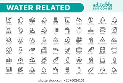 Water Related Icon Set. A refreshing collection of icons showcasing water conservation, aquatic life, and hydration, perfect for water awareness and sustainability.