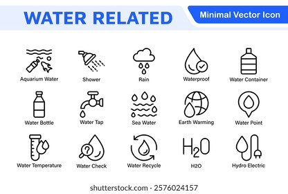 Water Related Icon Set. A refreshing collection of icons showcasing water conservation, aquatic life, and hydration, perfect for water awareness and sustainability.