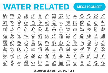 Water Related Icon Set. A refreshing collection of icons showcasing water conservation, aquatic life, and hydration, perfect for water awareness and sustainability.