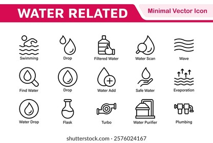 Water Related Icon Set. A refreshing collection of icons showcasing water conservation, aquatic life, and hydration, perfect for water awareness and sustainability.