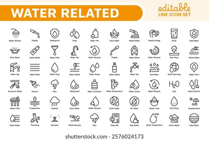 Water Related Icon Set. A refreshing collection of icons showcasing water conservation, aquatic life, and hydration, perfect for water awareness and sustainability.