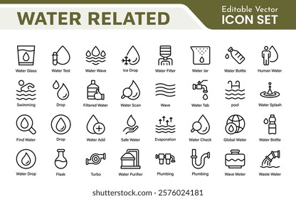 Water Related Icon Set. A refreshing collection of icons showcasing water conservation, aquatic life, and hydration, perfect for water awareness and sustainability.