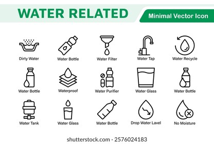 Water Related Icon Set. A refreshing collection of icons showcasing water conservation, aquatic life, and hydration, perfect for water awareness and sustainability.