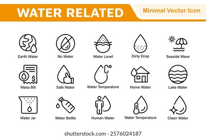 Water Related Icon Set. A refreshing collection of icons showcasing water conservation, aquatic life, and hydration, perfect for water awareness and sustainability.