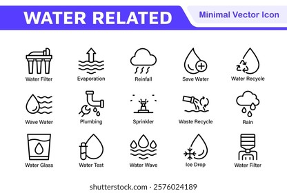 Water Related Icon Set. A refreshing collection of icons showcasing water conservation, aquatic life, and hydration, perfect for water awareness and sustainability.