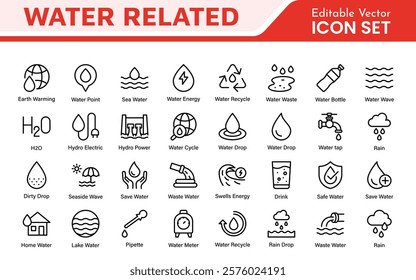 Water Related Icon Set. A refreshing collection of icons showcasing water conservation, aquatic life, and hydration, perfect for water awareness and sustainability.