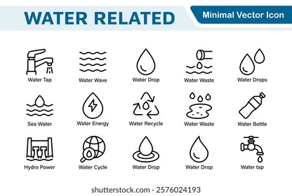 Water Related Icon Set. A refreshing collection of icons showcasing water conservation, aquatic life, and hydration, perfect for water awareness and sustainability.