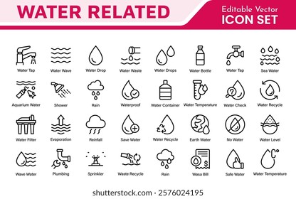 Water Related Icon Set. A refreshing collection of icons showcasing water conservation, aquatic life, and hydration, perfect for water awareness and sustainability.