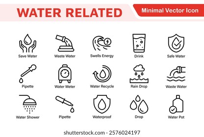 Water Related Icon Set. A refreshing collection of icons showcasing water conservation, aquatic life, and hydration, perfect for water awareness and sustainability.