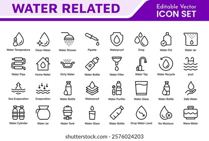 Water Related Icon Set. A refreshing collection of icons showcasing water conservation, aquatic life, and hydration, perfect for water awareness and sustainability.