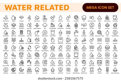 Water Related Icon Set. A refreshing collection of icons showcasing water conservation, aquatic life, and hydration, perfect for water awareness and sustainability.