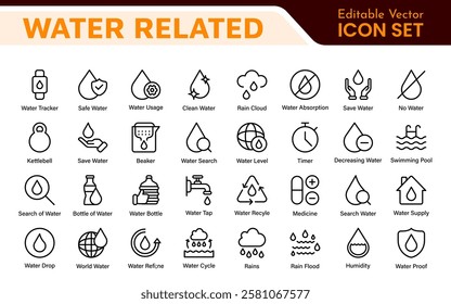 Water Related Icon Set. A refreshing collection of icons showcasing water conservation, aquatic life, and hydration, perfect for water awareness and sustainability.