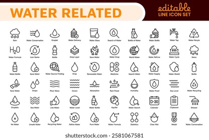 Water Related Icon Set. A refreshing collection of icons showcasing water conservation, aquatic life, and hydration, perfect for water awareness and sustainability.