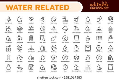 Water Related Icon Set. A refreshing collection of icons showcasing water conservation, aquatic life, and hydration, perfect for water awareness and sustainability.