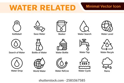 Water Related Icon Set. A refreshing collection of icons showcasing water conservation, aquatic life, and hydration, perfect for water awareness and sustainability.