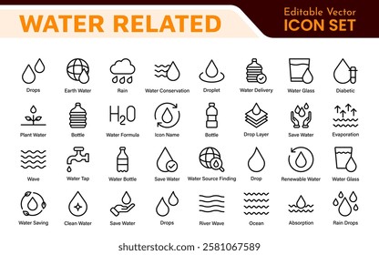 Water Related Icon Set. A refreshing collection of icons showcasing water conservation, aquatic life, and hydration, perfect for water awareness and sustainability.